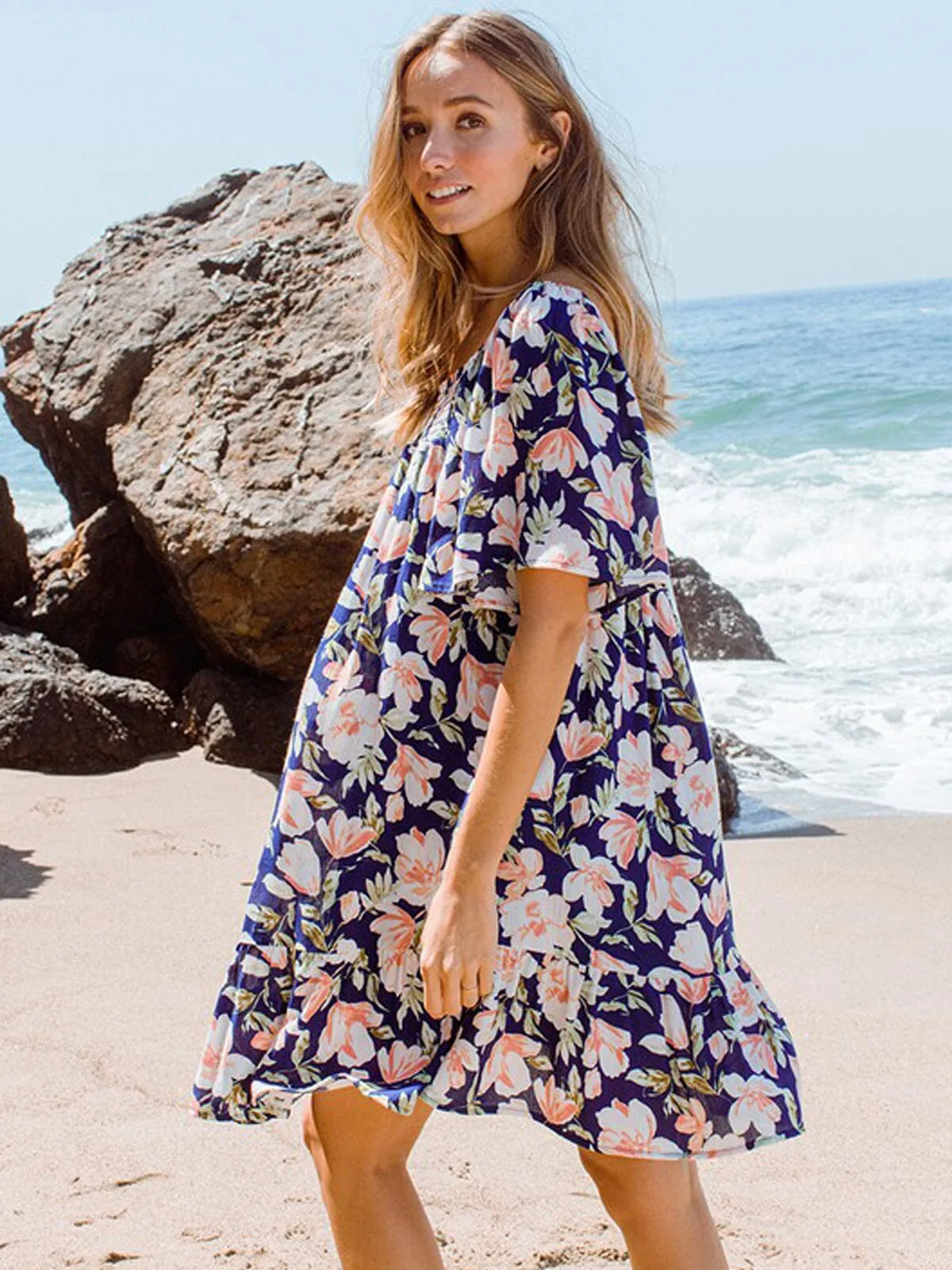 WOMEN'S SHORT SLEEVE TUNIC SMOCK NECK FLORAL MINI DRESS