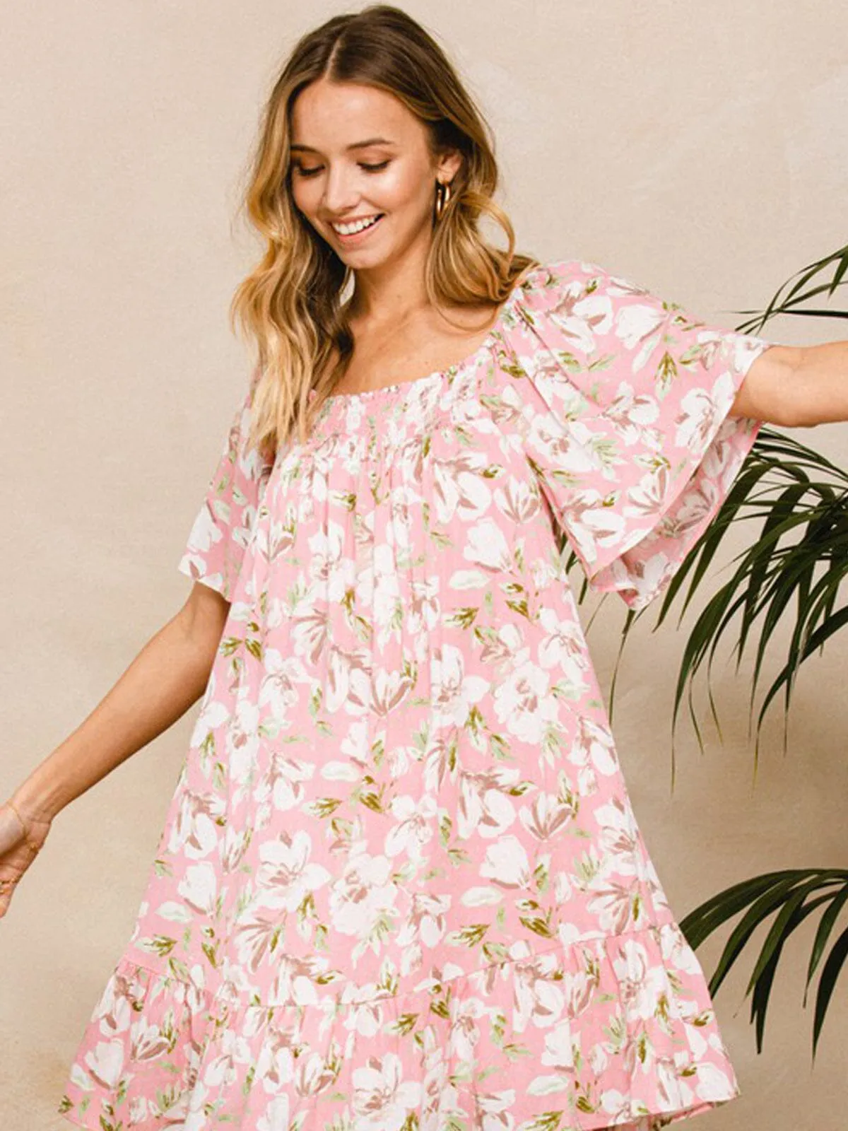 WOMEN'S SHORT SLEEVE TUNIC SMOCK NECK FLORAL MINI DRESS