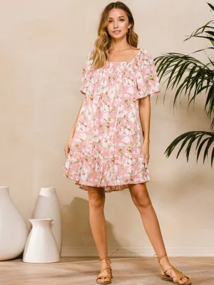 WOMEN'S SHORT SLEEVE TUNIC SMOCK NECK FLORAL MINI DRESS