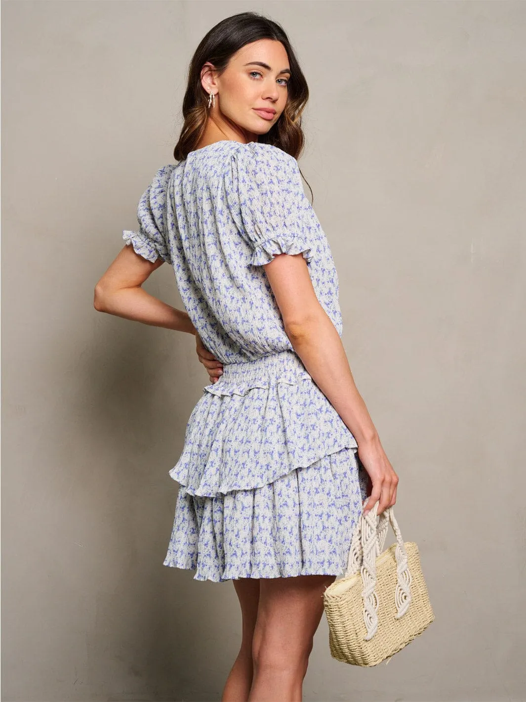 WOMEN'S SHORT SLEEVE V-NECK SMOCK WAIST RUFFLE FLORAL MINI DRESS
