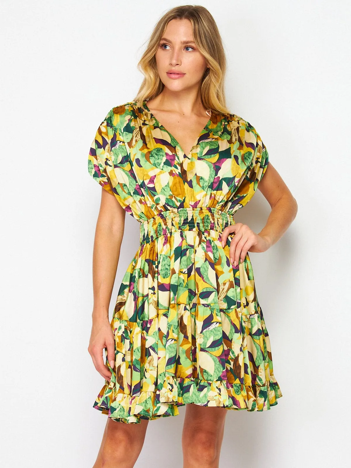 WOMEN'S SHORT SLEEVES SMOCK WAIST V-NECK FLORAL MINI DRESS