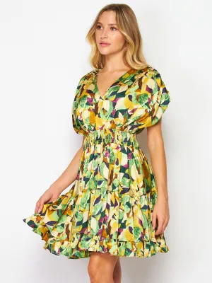WOMEN'S SHORT SLEEVES SMOCK WAIST V-NECK FLORAL MINI DRESS