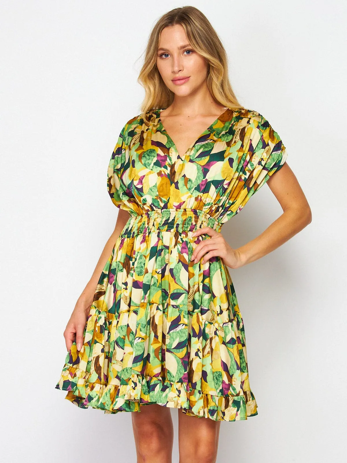 WOMEN'S SHORT SLEEVES SMOCK WAIST V-NECK FLORAL MINI DRESS