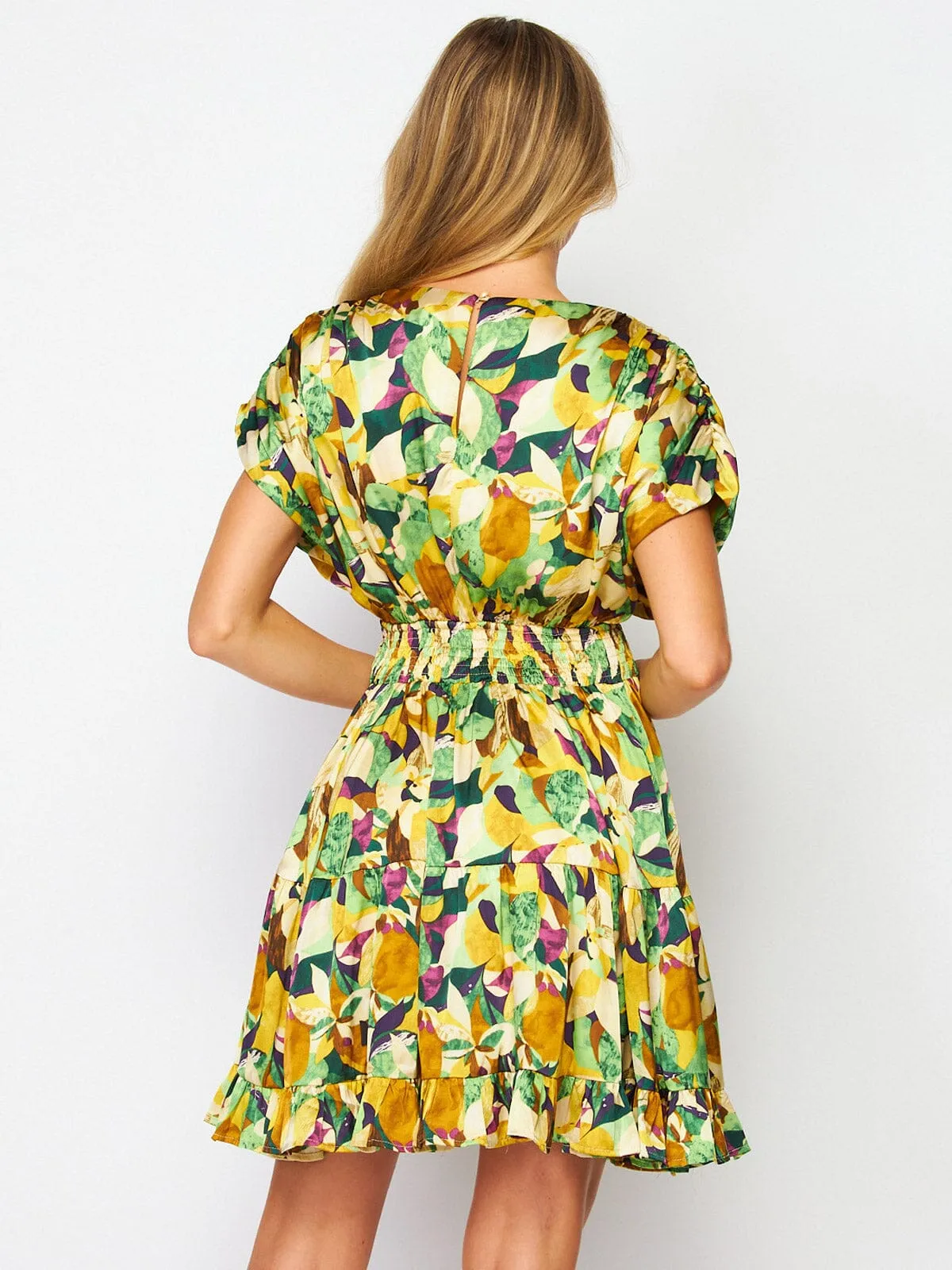 WOMEN'S SHORT SLEEVES SMOCK WAIST V-NECK FLORAL MINI DRESS