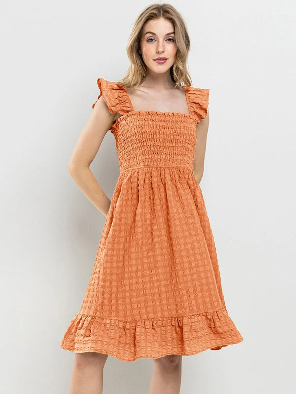 WOMEN'S SLEEVELESS RUFFLE SMOCK DETAILED TUNIC MINI DRESS