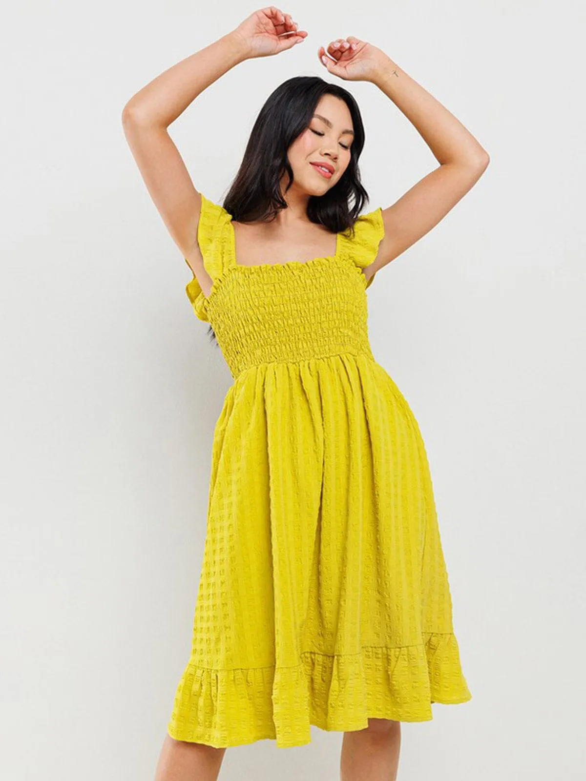 WOMEN'S SLEEVELESS RUFFLE SMOCK DETAILED TUNIC MINI DRESS