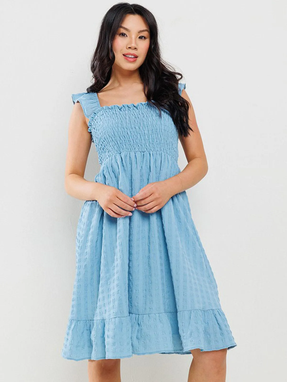 WOMEN'S SLEEVELESS RUFFLE SMOCK DETAILED TUNIC MINI DRESS