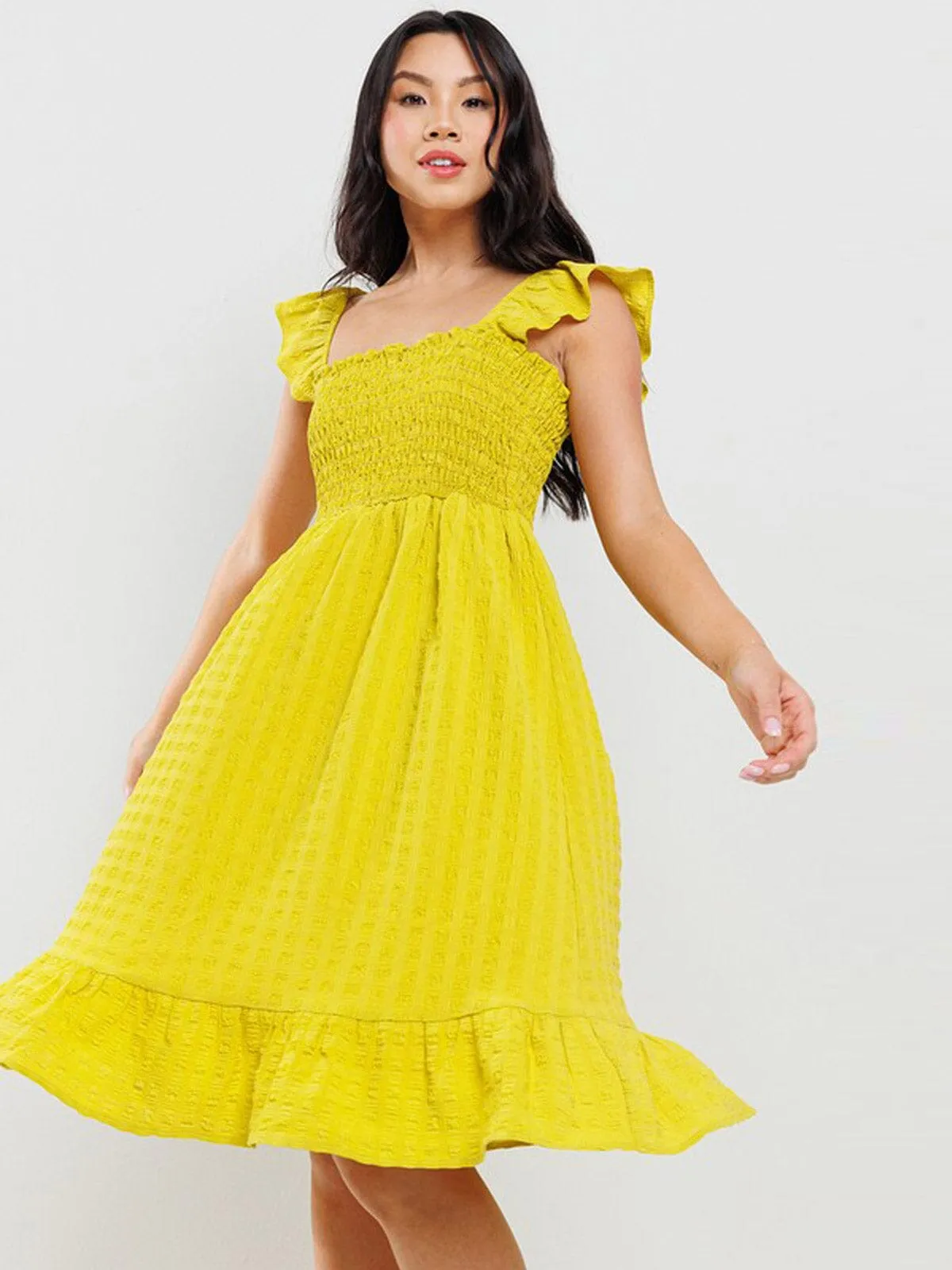 WOMEN'S SLEEVELESS RUFFLE SMOCK DETAILED TUNIC MINI DRESS