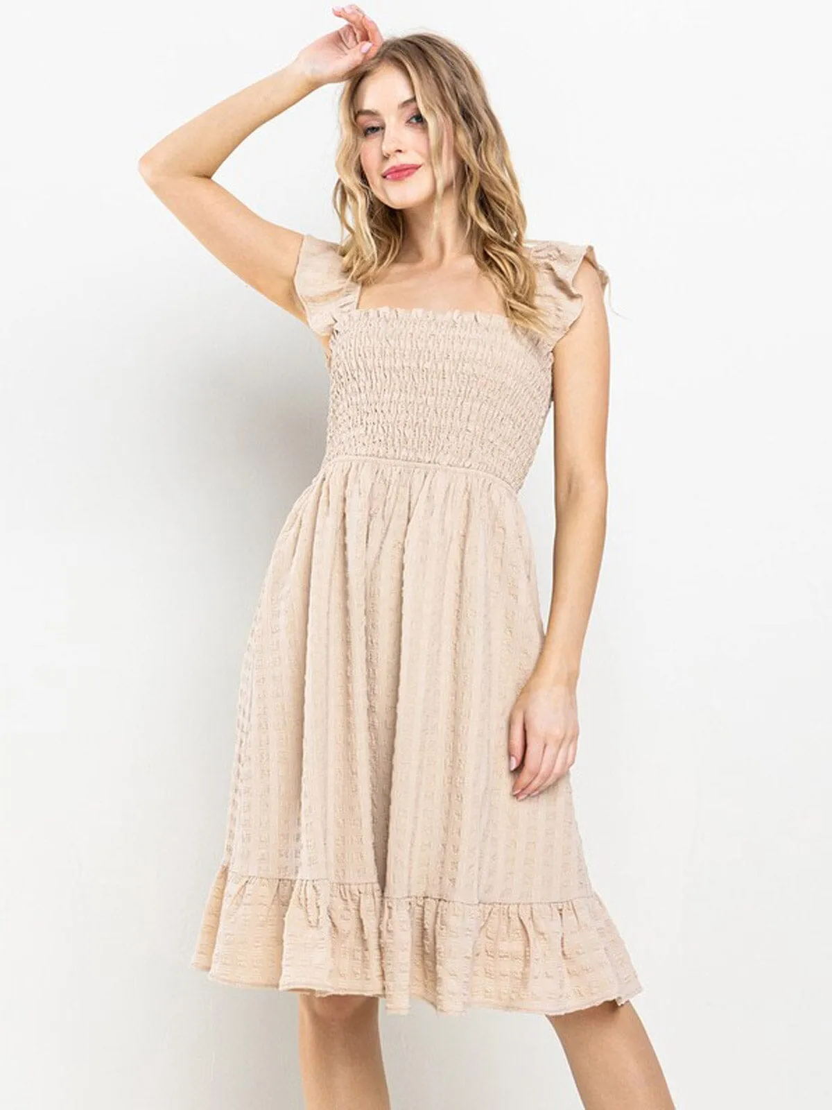 WOMEN'S SLEEVELESS RUFFLE SMOCK DETAILED TUNIC MINI DRESS