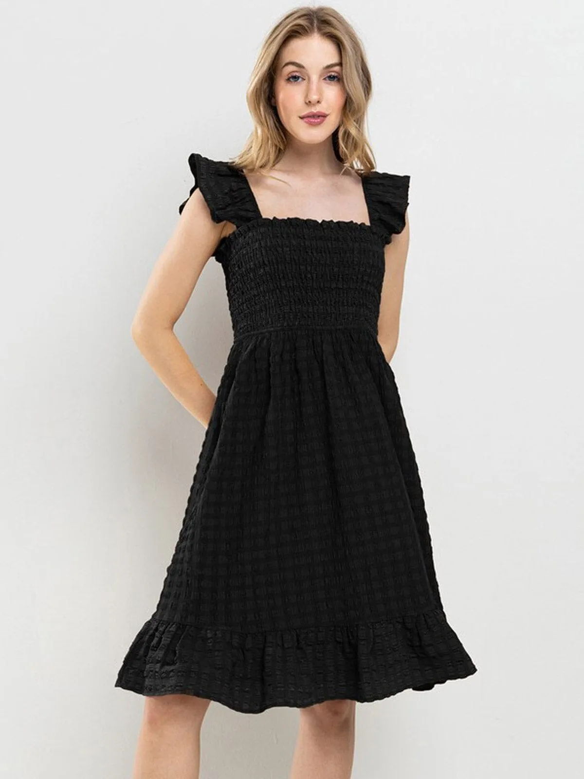 WOMEN'S SLEEVELESS RUFFLE SMOCK DETAILED TUNIC MINI DRESS