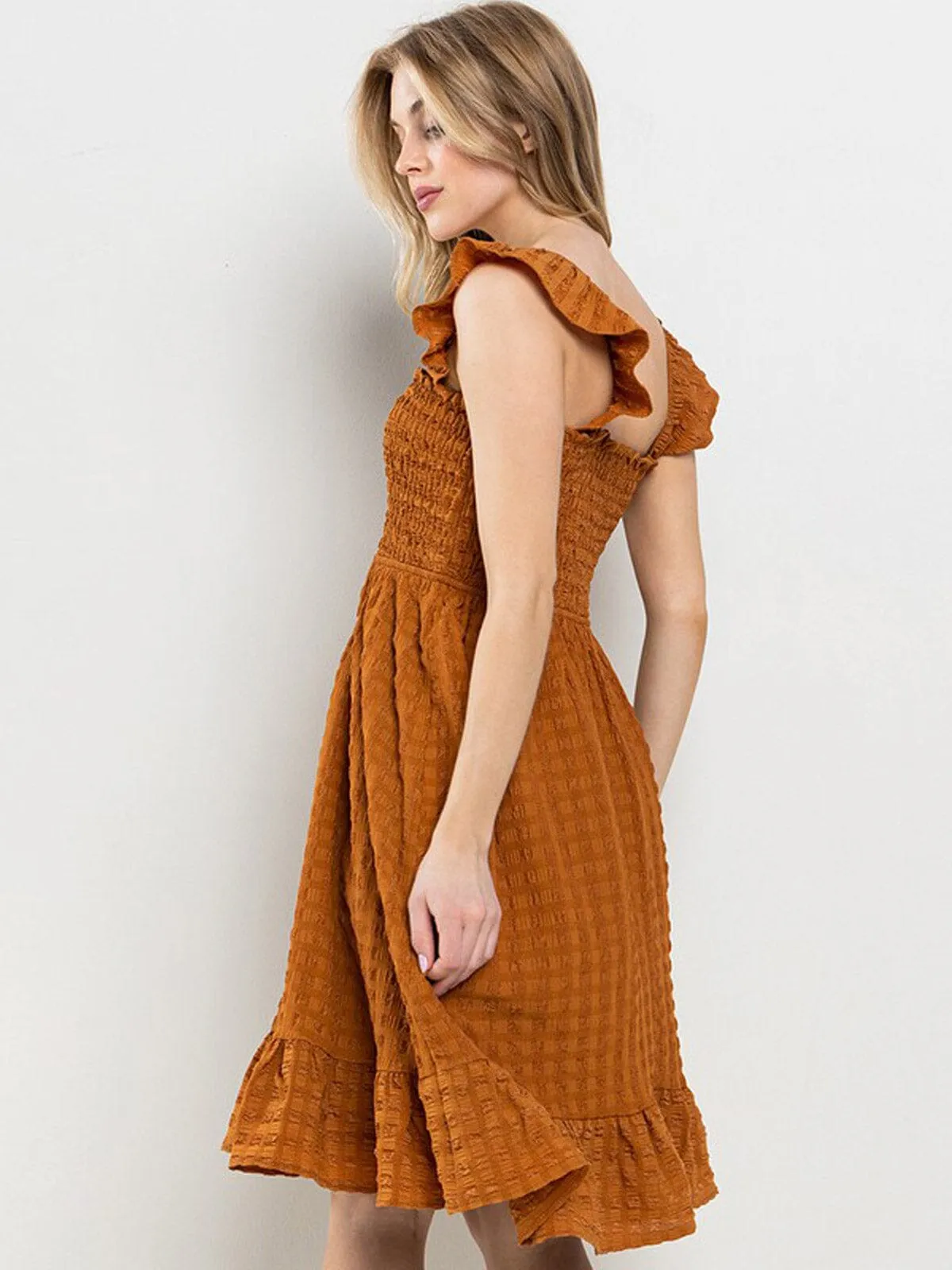 WOMEN'S SLEEVELESS RUFFLE SMOCK DETAILED TUNIC MINI DRESS