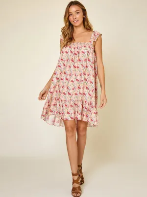 WOMEN'S SLEEVELESS RUFFLE SMOCK FLORAL MINI DRESS