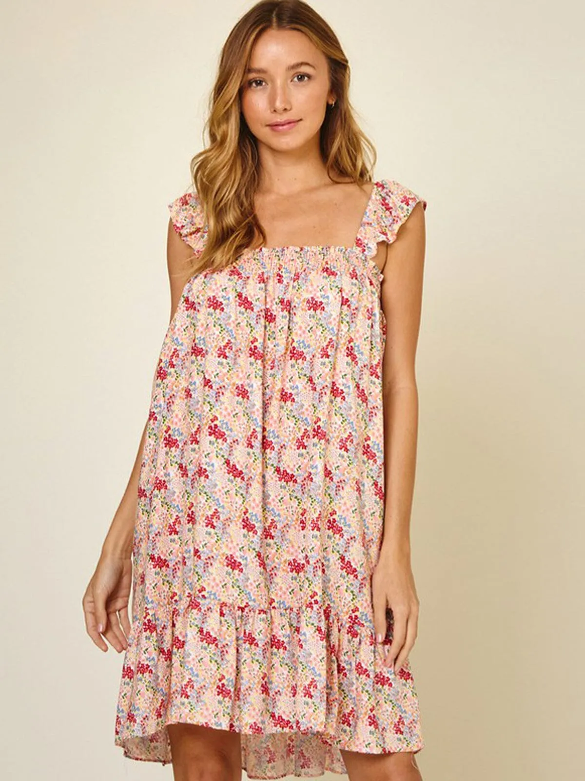 WOMEN'S SLEEVELESS RUFFLE SMOCK FLORAL MINI DRESS