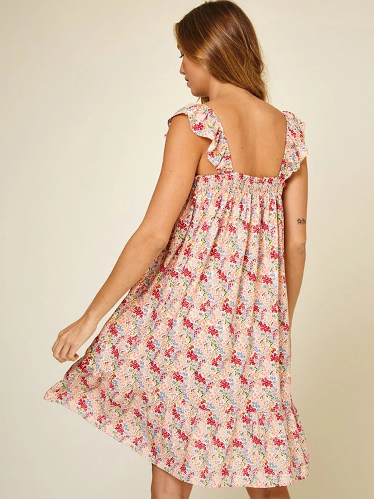 WOMEN'S SLEEVELESS RUFFLE SMOCK FLORAL MINI DRESS