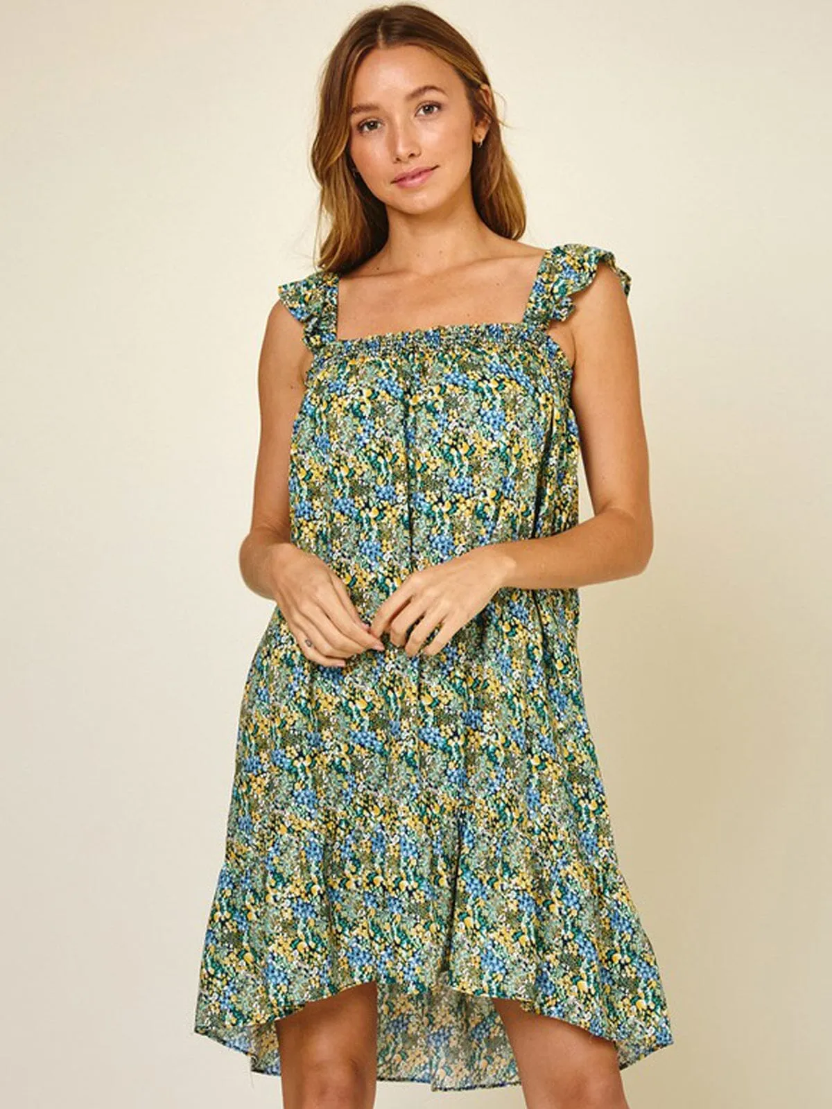 WOMEN'S SLEEVELESS RUFFLE SMOCK FLORAL MINI DRESS