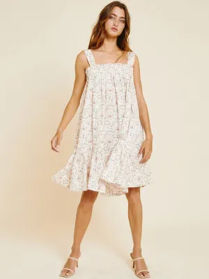 WOMEN'S SLEEVELESS RUFFLE SMOCK NECK FLORAL MINI DRESS