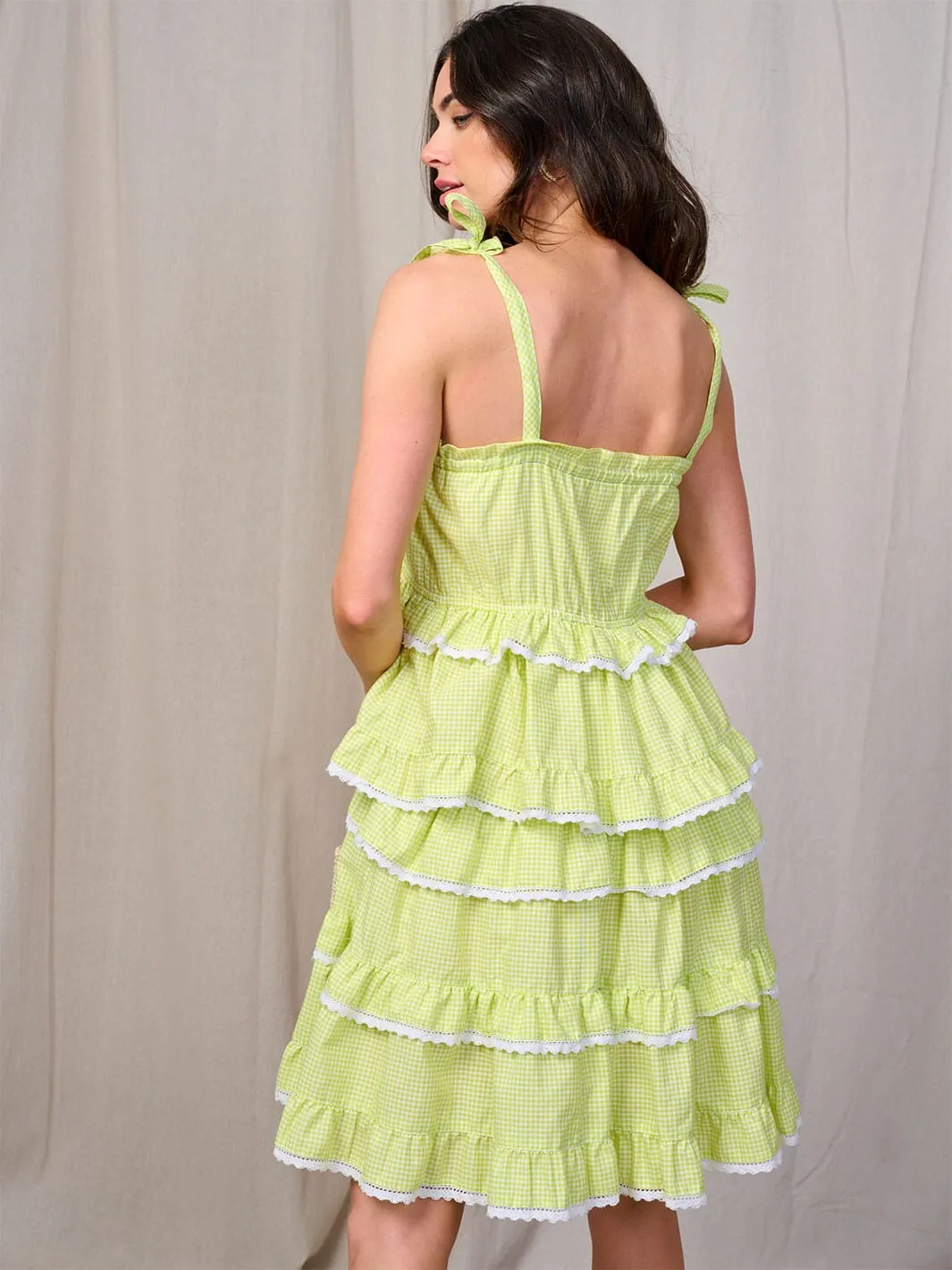 WOMEN'S SLEEVELESS RUFFLE TIERED PLAID MINI DRESS
