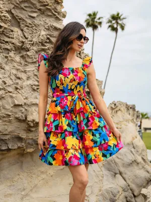 WOMEN'S SLEEVELESS RUFFLE TIERED SELF TIE SMOCK FLORAL MINI DRESS