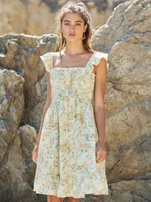 WOMEN'S SLEEVELESS RUFLE SMOCK FLORAL TUNIC MINI DRESS