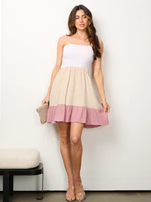 WOMEN'S SLEEVELESS SMOCK COLORBLOCK MINI DRESS