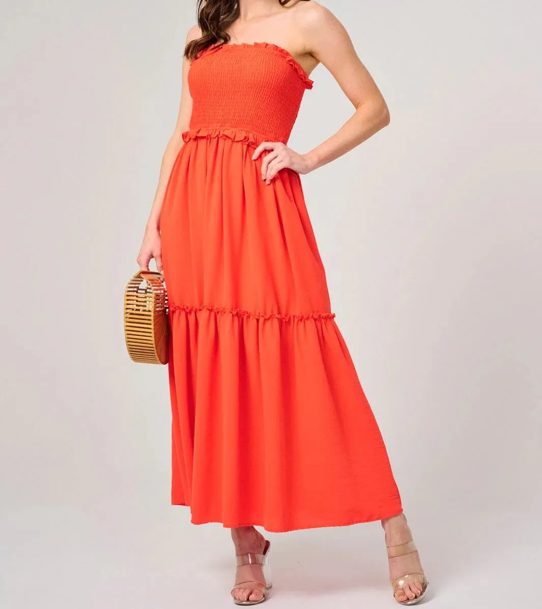 WOMEN'S SLEEVELESS SMOCK TIERED TUBE MAXI DRESS