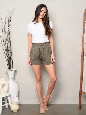 WOMEN'S SMOCK WAIST SELF TIE FRONT POCKETS MINI SHORTS