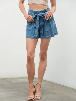 WOMEN'S ZIP UP ELASTIC WAIST SELF TIE POCKETS DENIM SHORTS