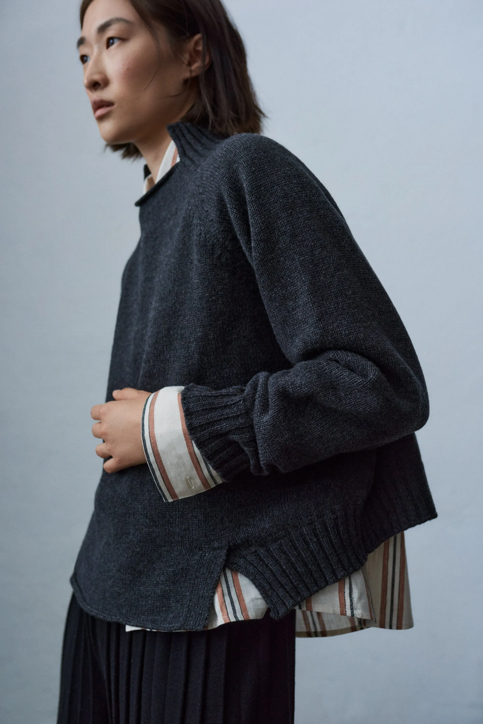 Wool & Cashmere Asymmetric Neck Sweater, Anthracite