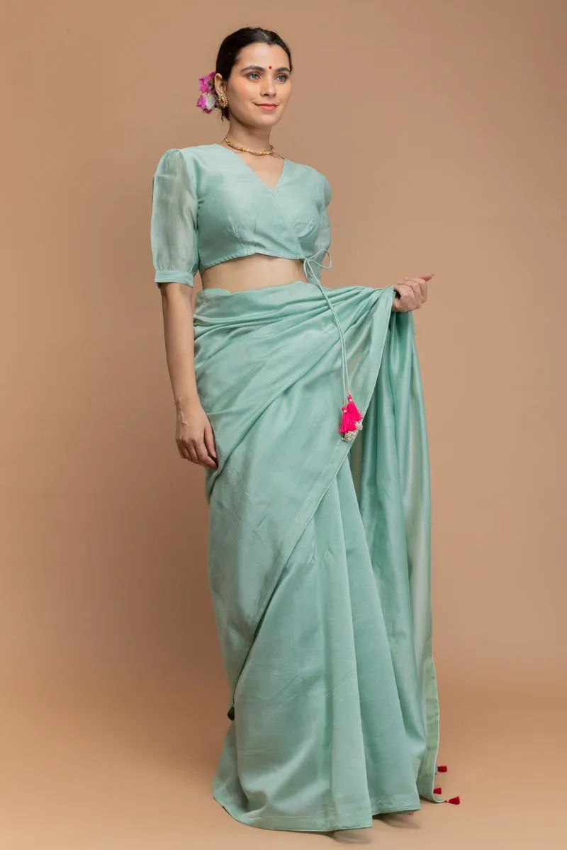 Wrap-Around Blouse with Dori in Mint Green Chanderi Handloom