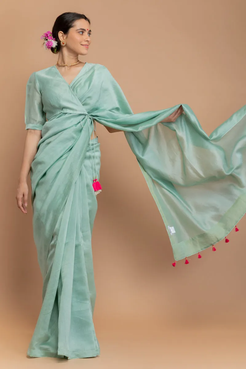 Wrap-Around Blouse with Dori in Mint Green Chanderi Handloom