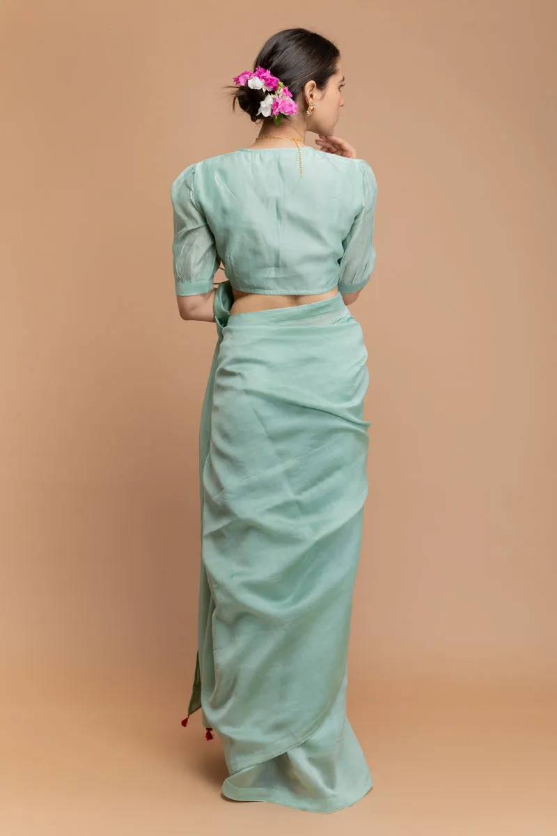 Wrap-Around Blouse with Dori in Mint Green Chanderi Handloom