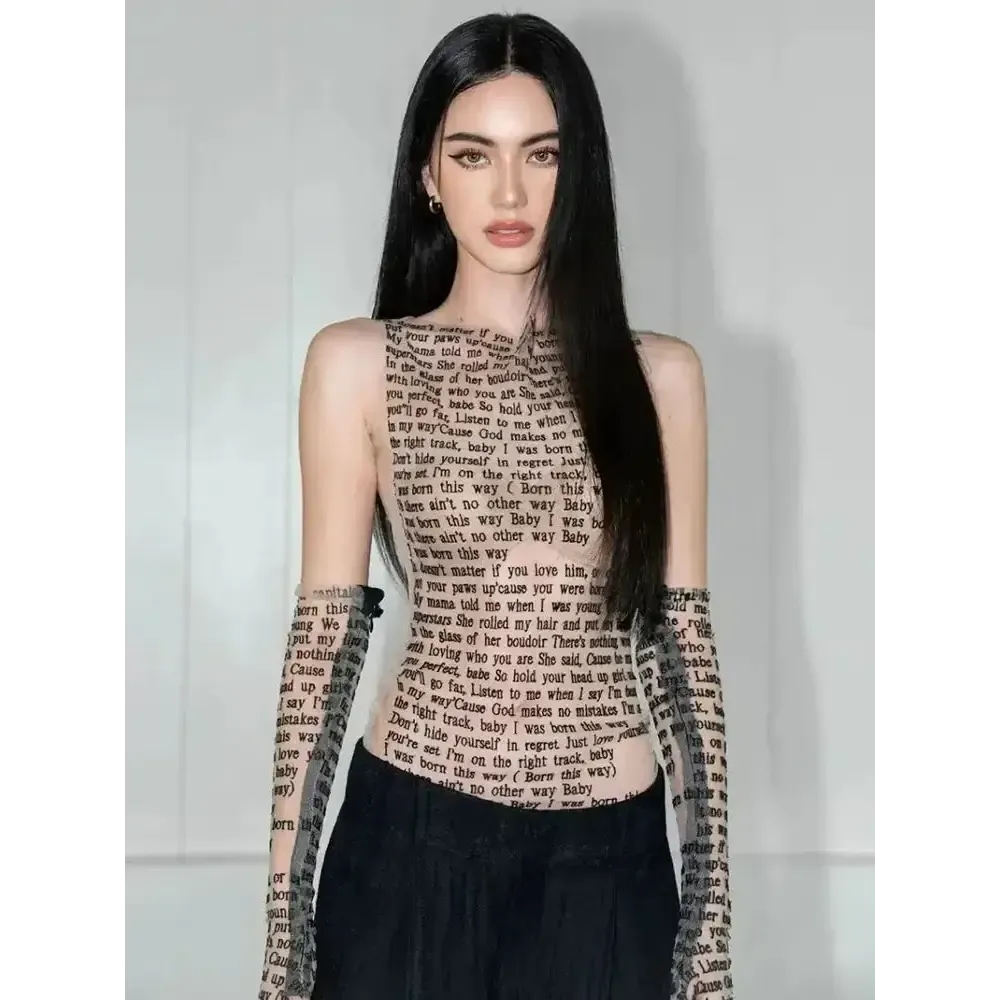 Y2K Letter Printed Jacket with Avant-Garde Full-Length Gloves