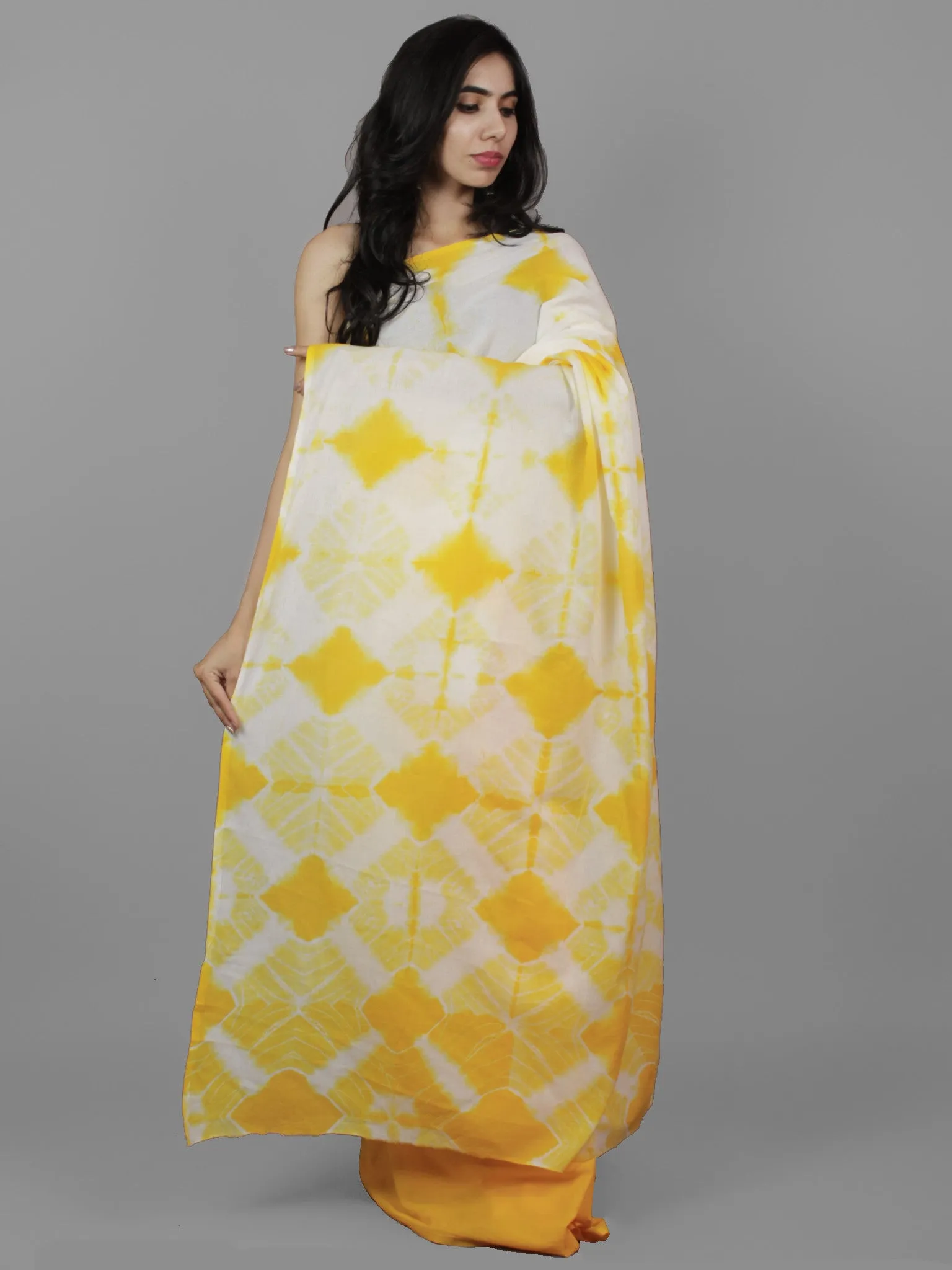 Yellow Ivory Natural Color Dyed Hand Clamped Cotton Shibori Saree - S031702122