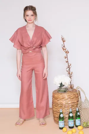 ZAMBIA PANTS SET Twist Front Top with Sleeves   Culottes (Old Rose Crepe)