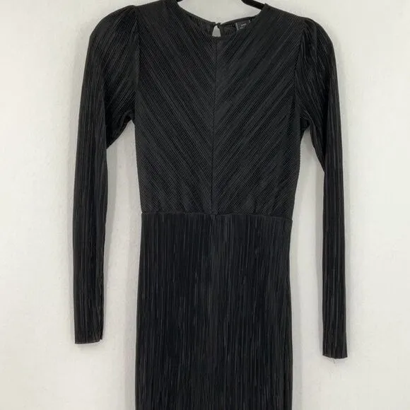 Zara Stunning Black Pleated Ribbed Side Slit Long Sleeve Fancy Maxi Dress Small
