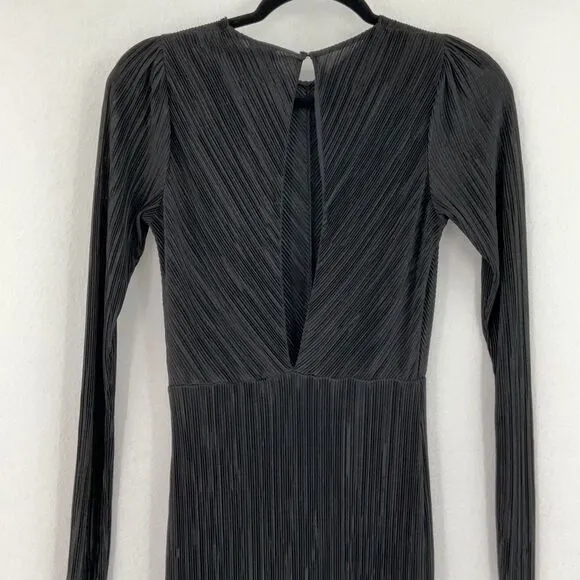 Zara Stunning Black Pleated Ribbed Side Slit Long Sleeve Fancy Maxi Dress Small
